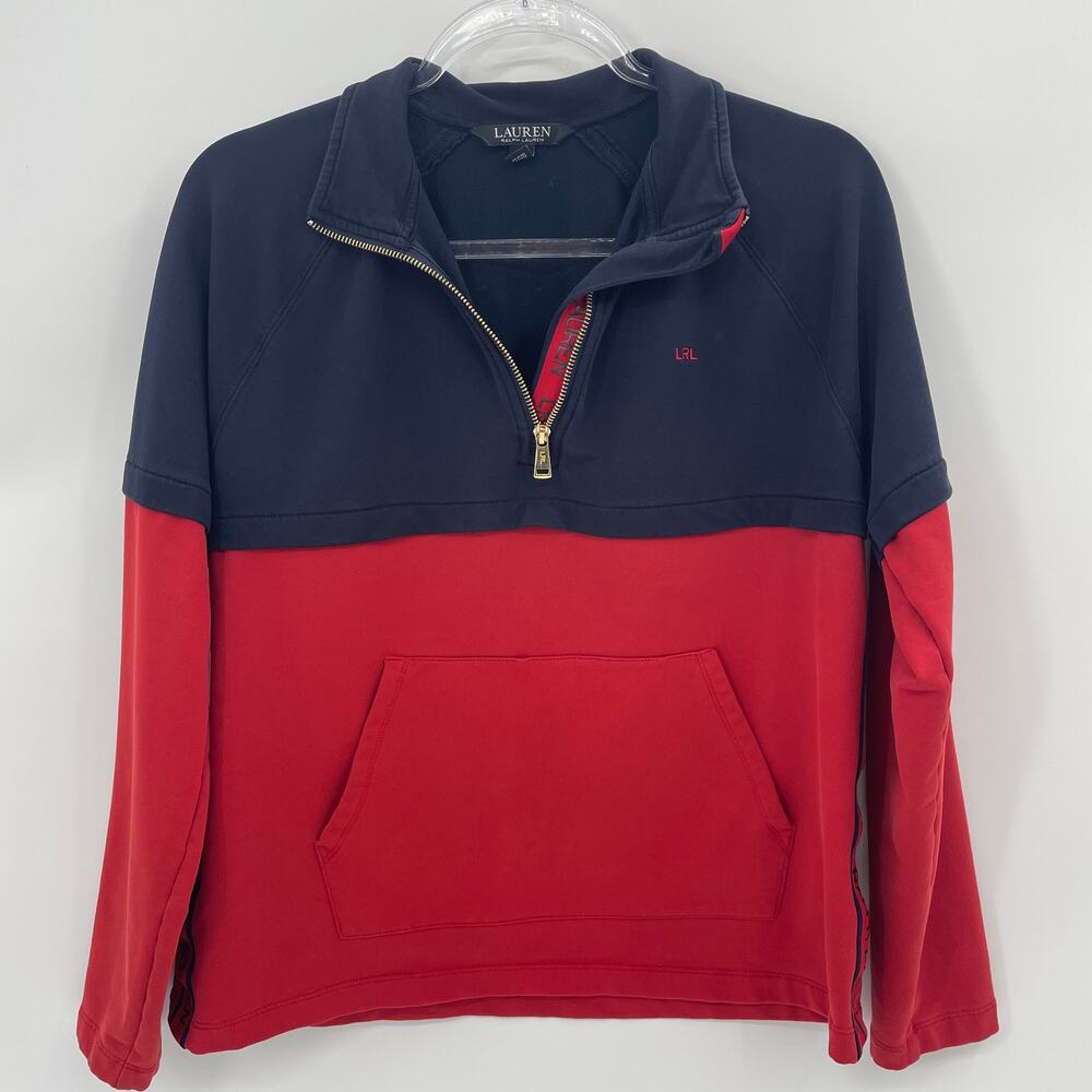 LAUREN RALPH LAUREN LRL Terry 1/2 Zip Sweatshirt Womens Size L Two Tone Red Blue